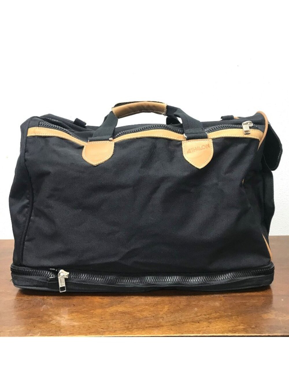 ATHALON Black Canvas Duffle Bag Shoulder Strap Expandable Leather Trim 19X15X13